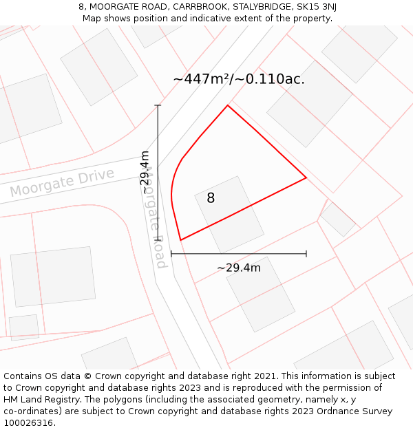 8, MOORGATE ROAD, CARRBROOK, STALYBRIDGE, SK15 3NJ: Plot and title map