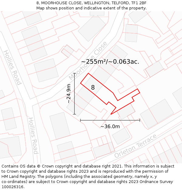 8, MOORHOUSE CLOSE, WELLINGTON, TELFORD, TF1 2BF: Plot and title map