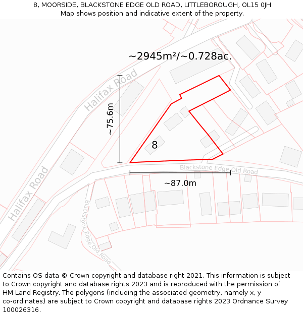 8, MOORSIDE, BLACKSTONE EDGE OLD ROAD, LITTLEBOROUGH, OL15 0JH: Plot and title map
