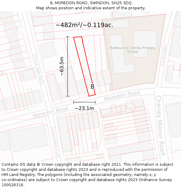 8, MOREDON ROAD, SWINDON, SN25 3DQ: Plot and title map
