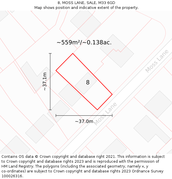 8, MOSS LANE, SALE, M33 6GD: Plot and title map