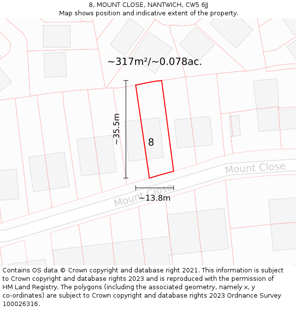 8, MOUNT CLOSE, NANTWICH, CW5 6JJ: Plot and title map