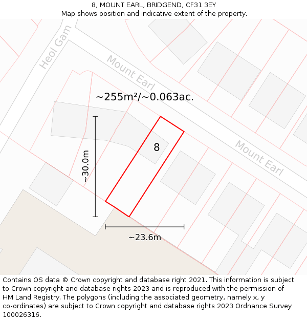 8, MOUNT EARL, BRIDGEND, CF31 3EY: Plot and title map