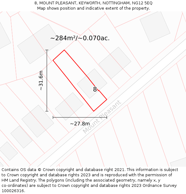 8, MOUNT PLEASANT, KEYWORTH, NOTTINGHAM, NG12 5EQ: Plot and title map
