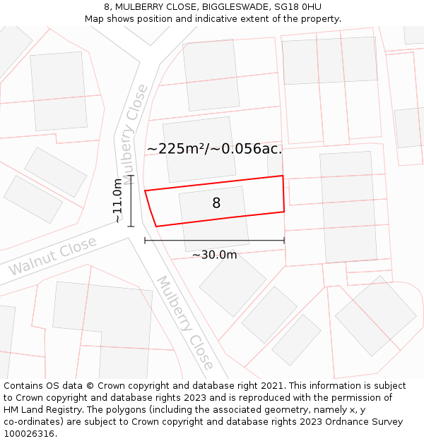8, MULBERRY CLOSE, BIGGLESWADE, SG18 0HU: Plot and title map