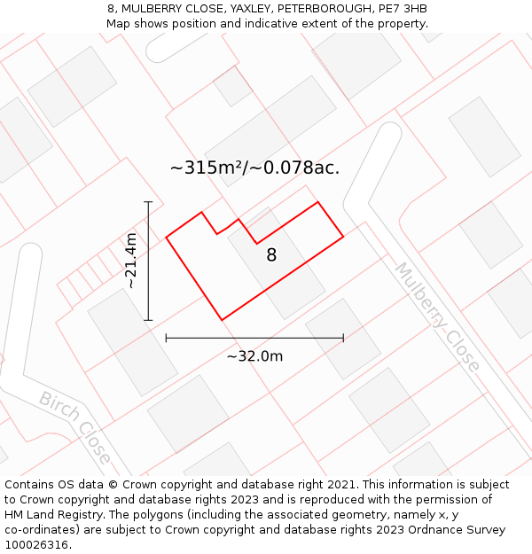 8, MULBERRY CLOSE, YAXLEY, PETERBOROUGH, PE7 3HB: Plot and title map