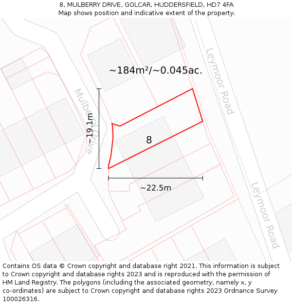 8, MULBERRY DRIVE, GOLCAR, HUDDERSFIELD, HD7 4FA: Plot and title map