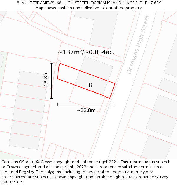 8, MULBERRY MEWS, 68, HIGH STREET, DORMANSLAND, LINGFIELD, RH7 6PY: Plot and title map