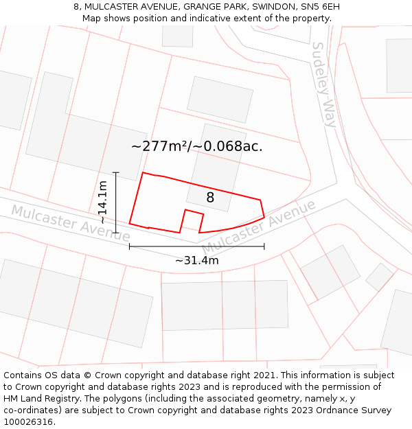 8, MULCASTER AVENUE, GRANGE PARK, SWINDON, SN5 6EH: Plot and title map