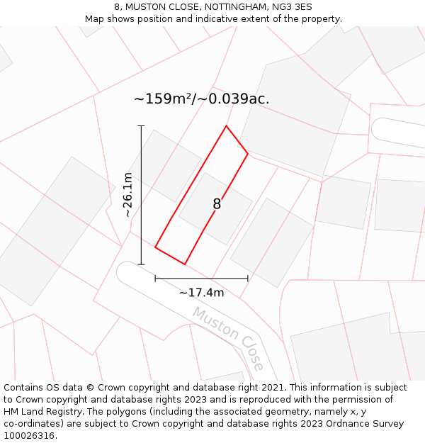 8, MUSTON CLOSE, NOTTINGHAM, NG3 3ES: Plot and title map