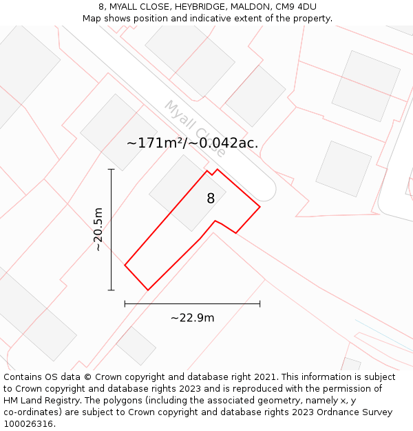 8, MYALL CLOSE, HEYBRIDGE, MALDON, CM9 4DU: Plot and title map