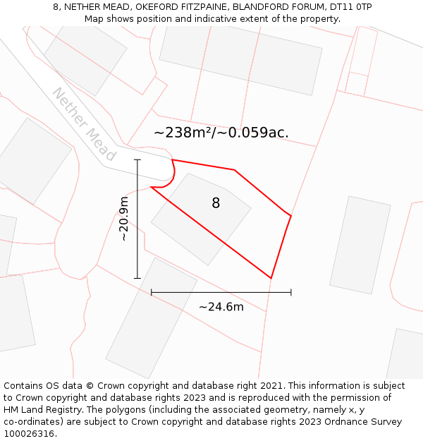 8, NETHER MEAD, OKEFORD FITZPAINE, BLANDFORD FORUM, DT11 0TP: Plot and title map