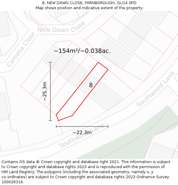 8, NEW DAWN CLOSE, FARNBOROUGH, GU14 0PD: Plot and title map