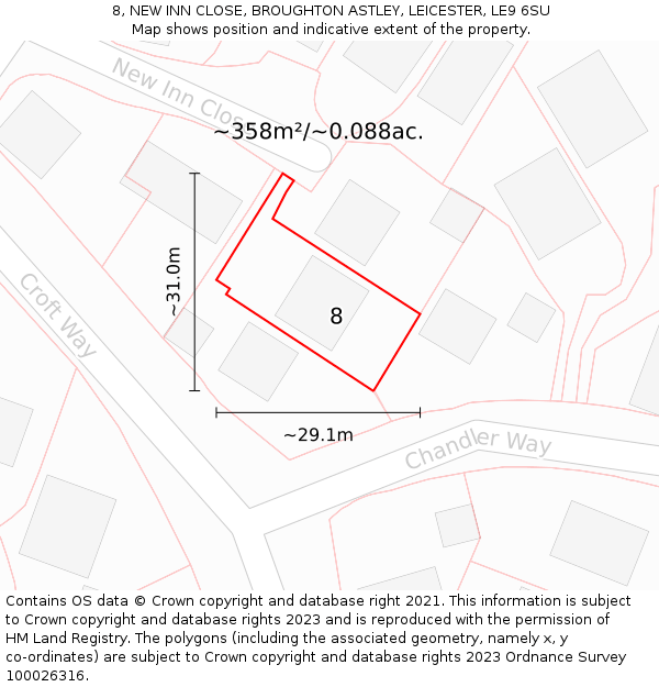8, NEW INN CLOSE, BROUGHTON ASTLEY, LEICESTER, LE9 6SU: Plot and title map
