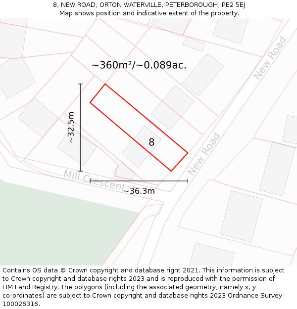 8, NEW ROAD, ORTON WATERVILLE, PETERBOROUGH, PE2 5EJ: Plot and title map