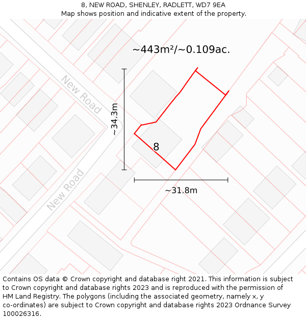 8, NEW ROAD, SHENLEY, RADLETT, WD7 9EA: Plot and title map