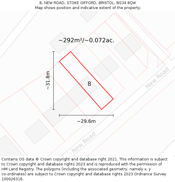 8, NEW ROAD, STOKE GIFFORD, BRISTOL, BS34 8QW: Plot and title map