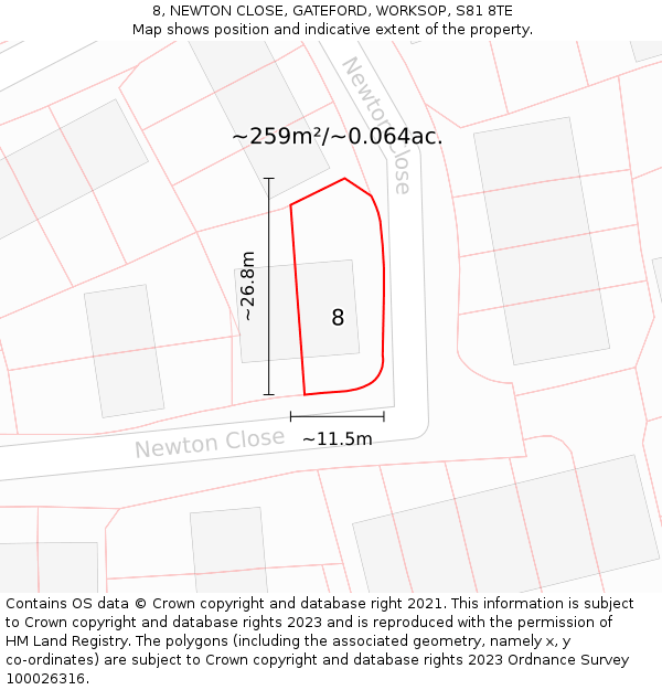 8, NEWTON CLOSE, GATEFORD, WORKSOP, S81 8TE: Plot and title map