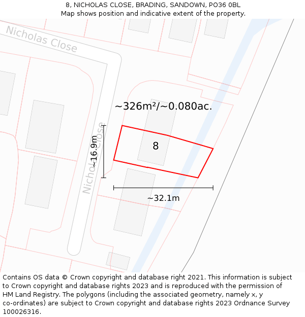 8, NICHOLAS CLOSE, BRADING, SANDOWN, PO36 0BL: Plot and title map