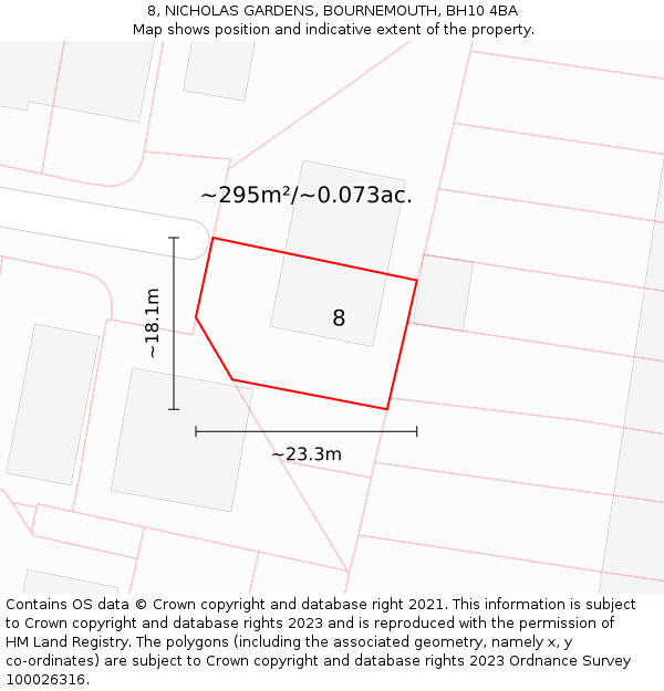 8, NICHOLAS GARDENS, BOURNEMOUTH, BH10 4BA: Plot and title map