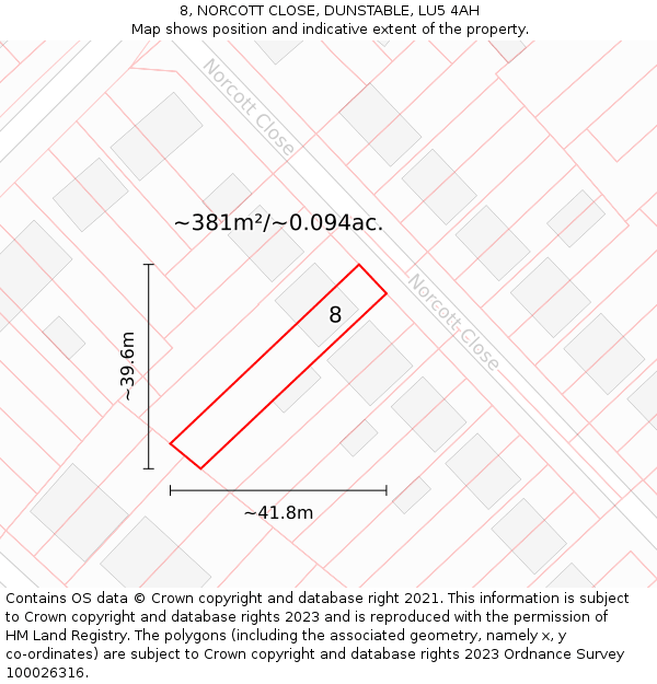8, NORCOTT CLOSE, DUNSTABLE, LU5 4AH: Plot and title map
