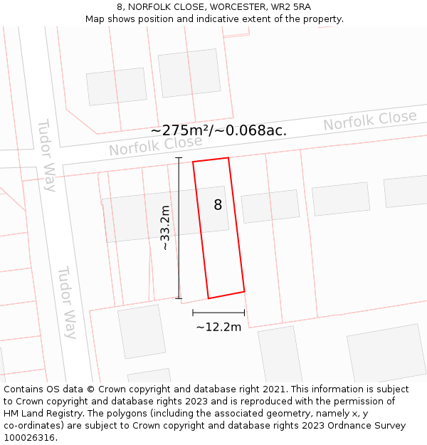 8, NORFOLK CLOSE, WORCESTER, WR2 5RA: Plot and title map