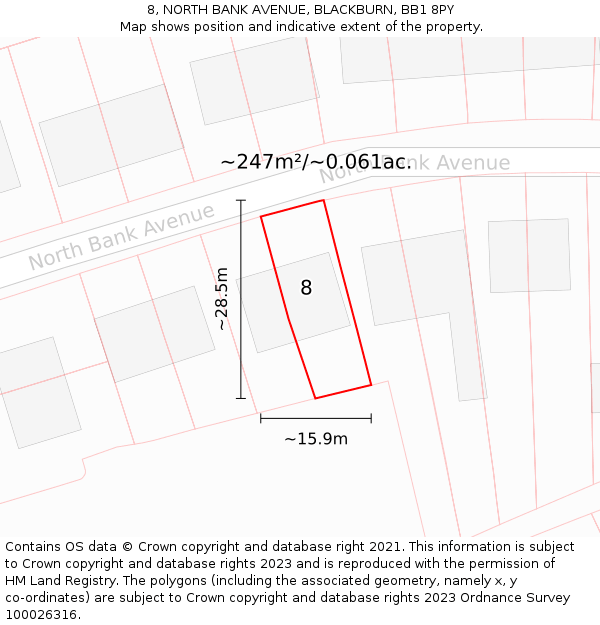 8, NORTH BANK AVENUE, BLACKBURN, BB1 8PY: Plot and title map