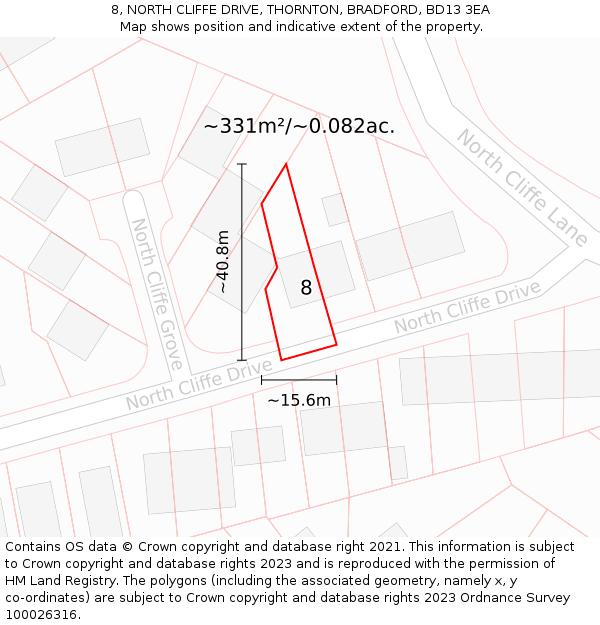 8, NORTH CLIFFE DRIVE, THORNTON, BRADFORD, BD13 3EA: Plot and title map