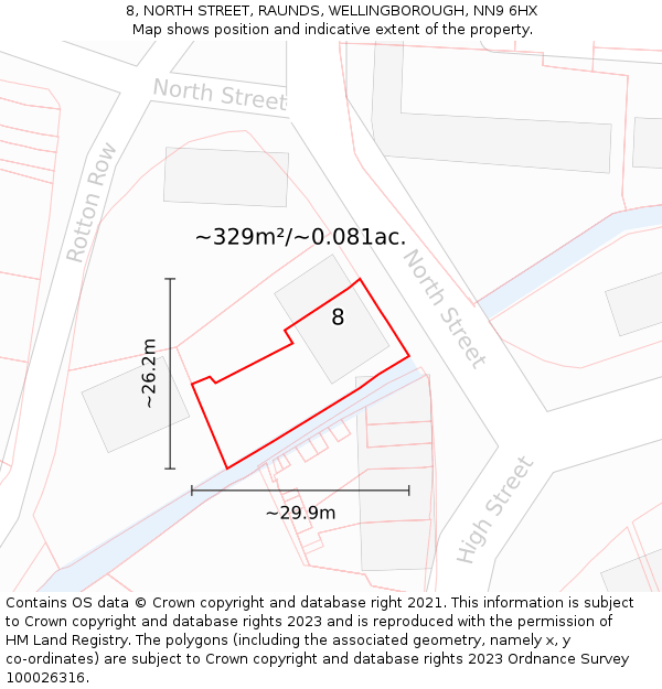 8, NORTH STREET, RAUNDS, WELLINGBOROUGH, NN9 6HX: Plot and title map