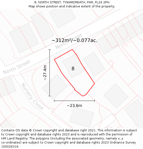 8, NORTH STREET, TYWARDREATH, PAR, PL24 2PN: Plot and title map