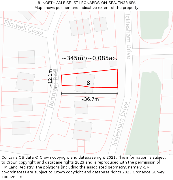 8, NORTHIAM RISE, ST LEONARDS-ON-SEA, TN38 9FA: Plot and title map