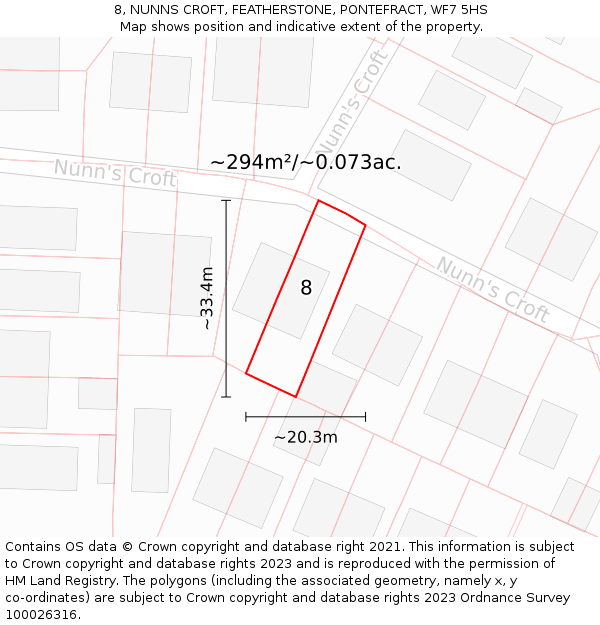8, NUNNS CROFT, FEATHERSTONE, PONTEFRACT, WF7 5HS: Plot and title map