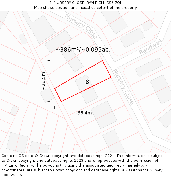 8, NURSERY CLOSE, RAYLEIGH, SS6 7QL: Plot and title map