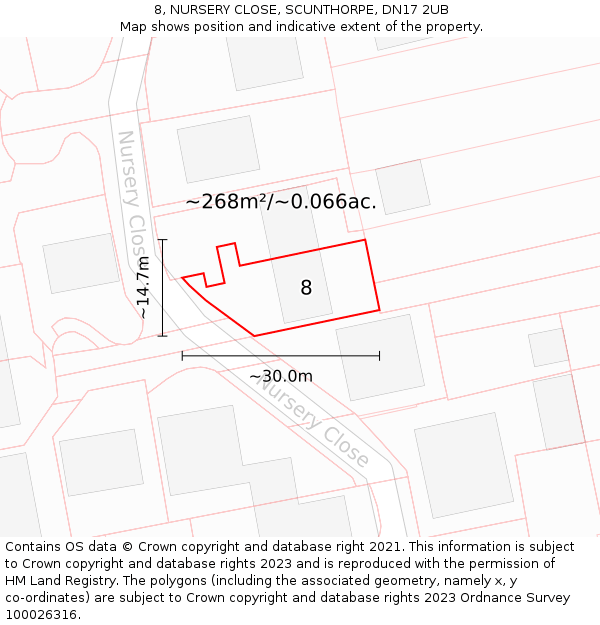8, NURSERY CLOSE, SCUNTHORPE, DN17 2UB: Plot and title map
