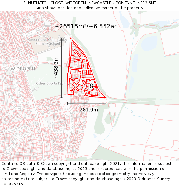 8, NUTHATCH CLOSE, WIDEOPEN, NEWCASTLE UPON TYNE, NE13 6NT: Plot and title map
