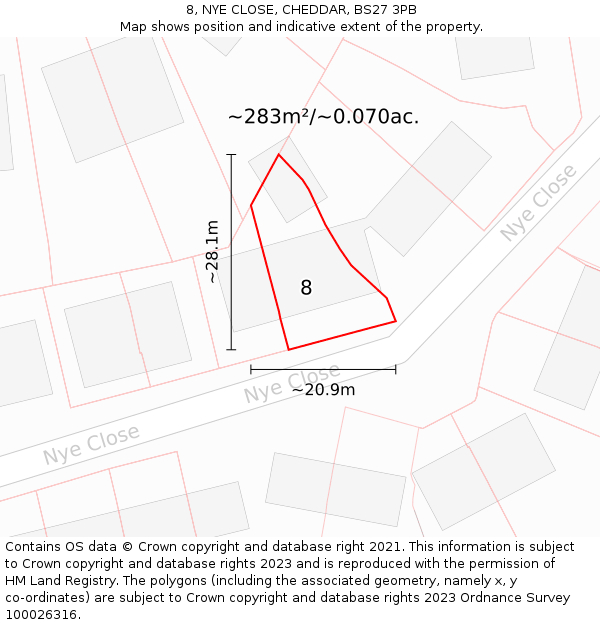 8, NYE CLOSE, CHEDDAR, BS27 3PB: Plot and title map