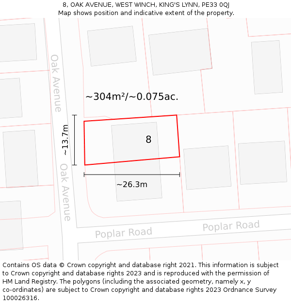 8, OAK AVENUE, WEST WINCH, KING'S LYNN, PE33 0QJ: Plot and title map