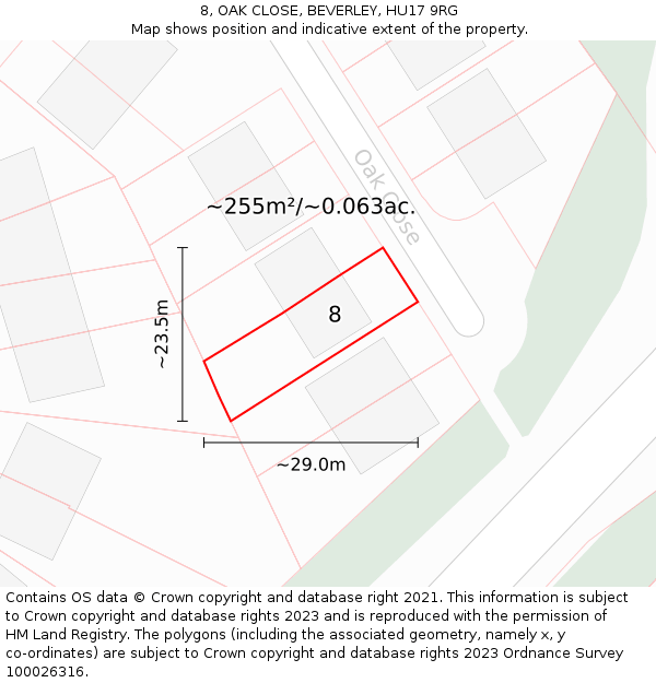 8, OAK CLOSE, BEVERLEY, HU17 9RG: Plot and title map