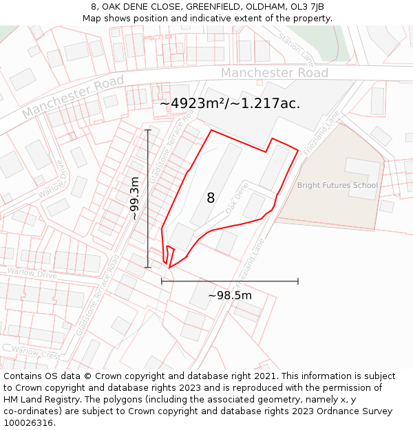 8, OAK DENE CLOSE, GREENFIELD, OLDHAM, OL3 7JB: Plot and title map