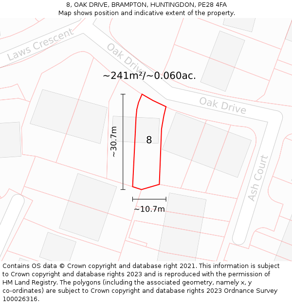 8, OAK DRIVE, BRAMPTON, HUNTINGDON, PE28 4FA: Plot and title map