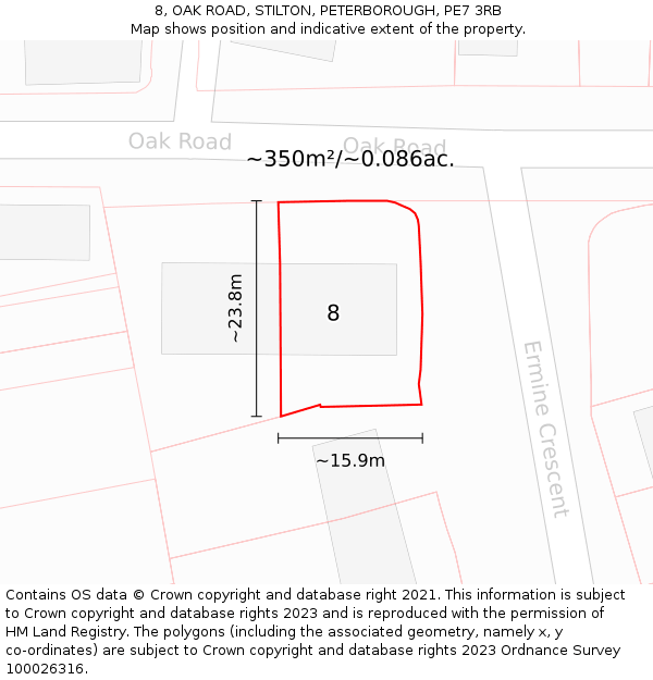 8, OAK ROAD, STILTON, PETERBOROUGH, PE7 3RB: Plot and title map