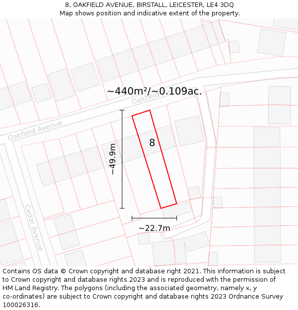 8, OAKFIELD AVENUE, BIRSTALL, LEICESTER, LE4 3DQ: Plot and title map