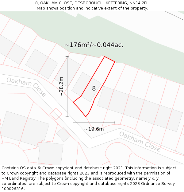 8, OAKHAM CLOSE, DESBOROUGH, KETTERING, NN14 2FH: Plot and title map