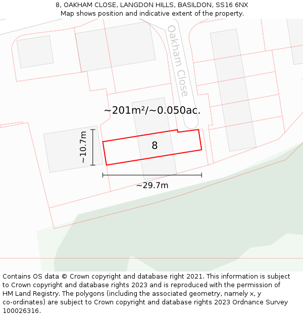8, OAKHAM CLOSE, LANGDON HILLS, BASILDON, SS16 6NX: Plot and title map