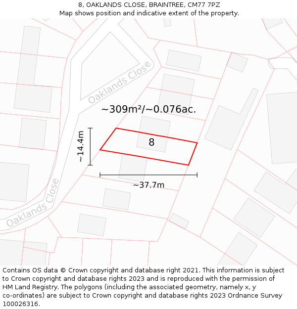 8, OAKLANDS CLOSE, BRAINTREE, CM77 7PZ: Plot and title map