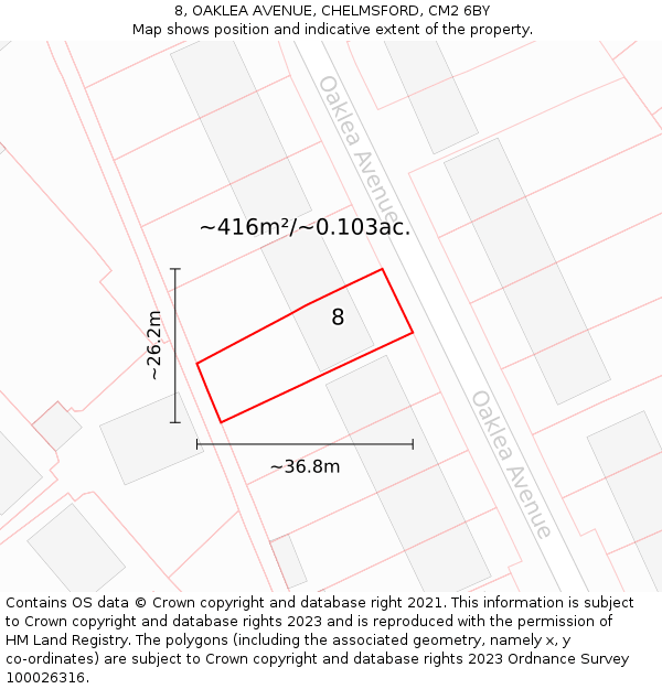 8, OAKLEA AVENUE, CHELMSFORD, CM2 6BY: Plot and title map