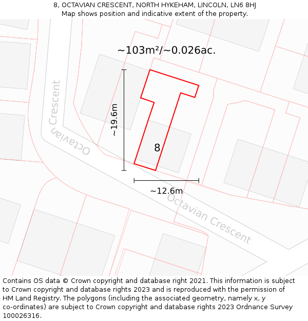 8, OCTAVIAN CRESCENT, NORTH HYKEHAM, LINCOLN, LN6 8HJ: Plot and title map