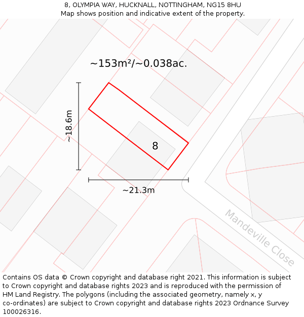 8, OLYMPIA WAY, HUCKNALL, NOTTINGHAM, NG15 8HU: Plot and title map