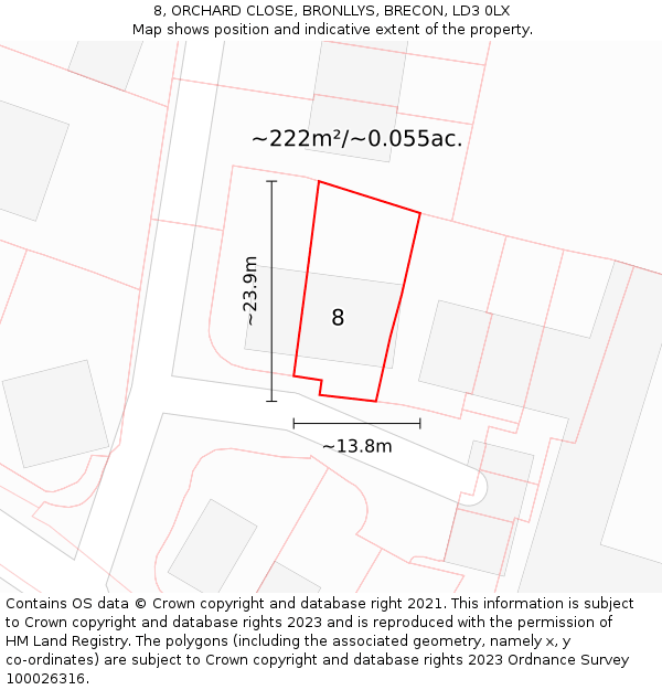 8, ORCHARD CLOSE, BRONLLYS, BRECON, LD3 0LX: Plot and title map