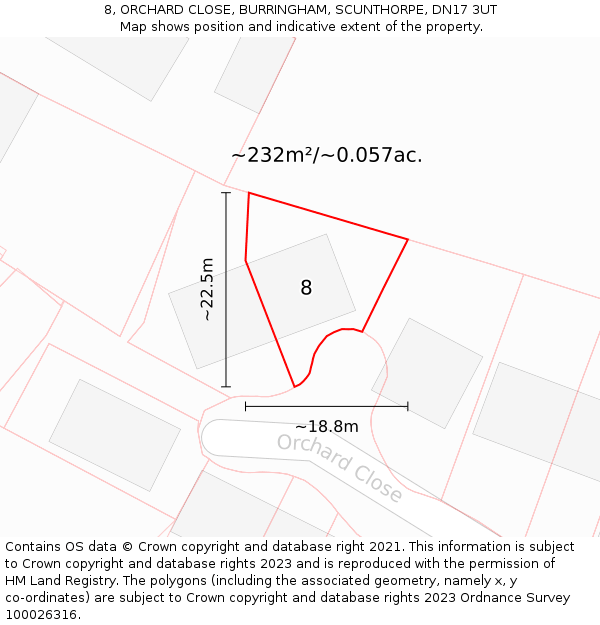 8, ORCHARD CLOSE, BURRINGHAM, SCUNTHORPE, DN17 3UT: Plot and title map